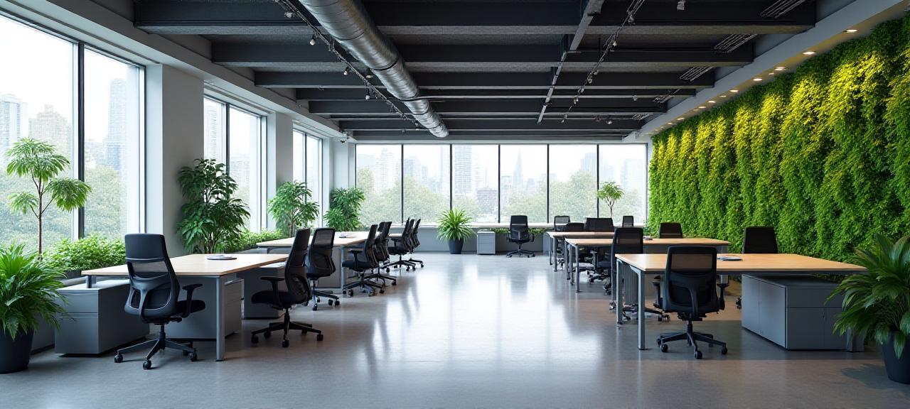 Expansive modern office lobby with sustainable materials